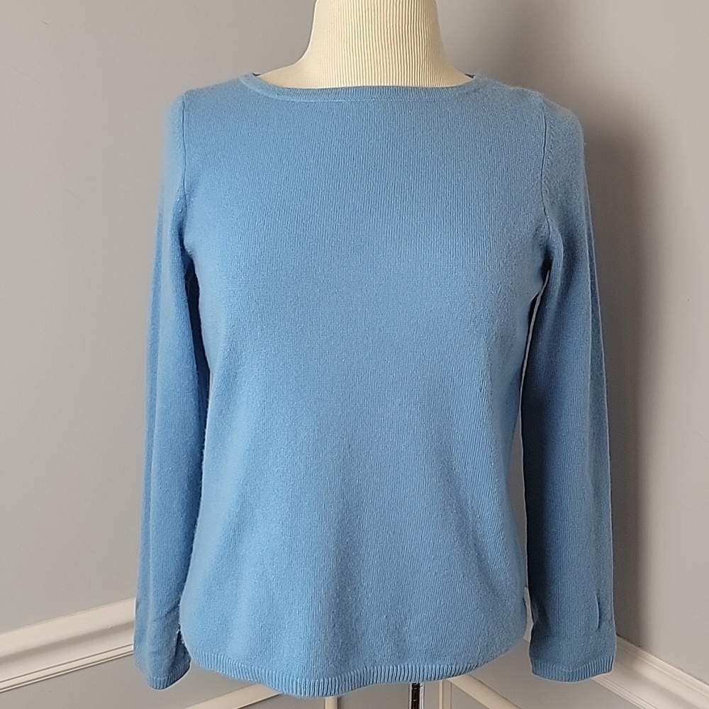 TALBOTS PETITES 100% Cashmere Blue Crewneck Boatneck Classic Career Sweater S‎
